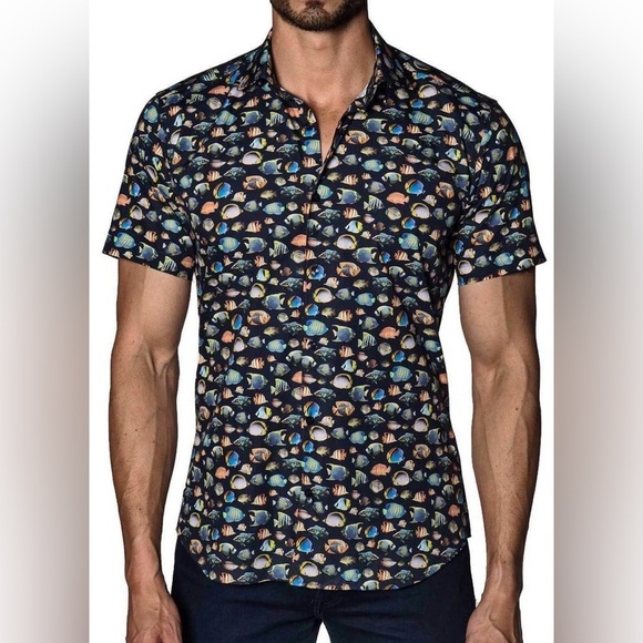 Jared Lang Shirt Navy with Fish Pattern Short Sleeve 2XL - Picture 1 of 5